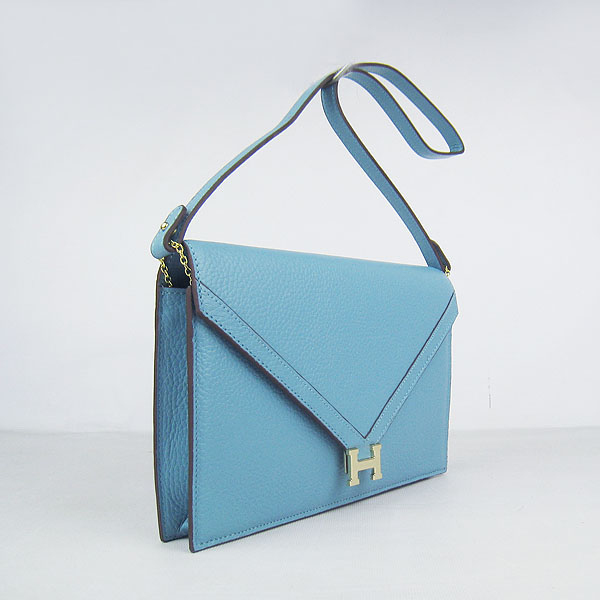 7A Hermes Togo Leather Messenger Bag Light Blue With Gold Hardware H021 Replica - Click Image to Close